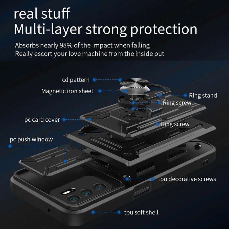 For OPPO A16 Sliding Camshield TPU+PC Phone Case with Card Slot(Sapphire Blue)