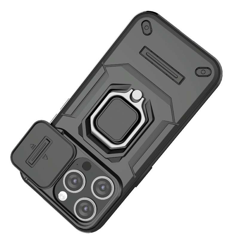 For iPhone 15 Pro Sliding Camshield TPU + PC Shockproof Phone Case with Holder(Black)