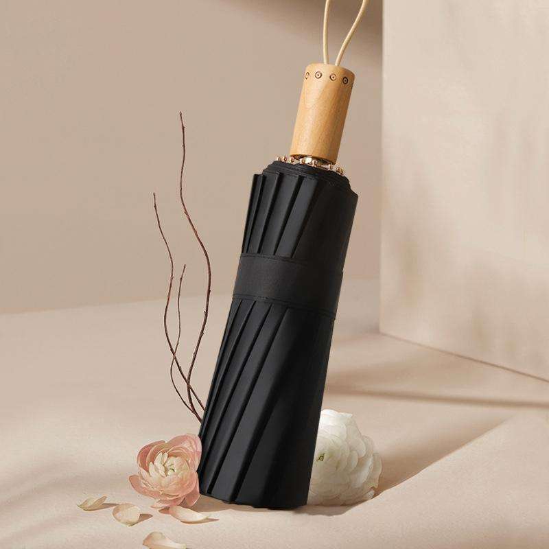 3-fold 16-bone Hand Open Umbrella Retro Wood Handle Black Glue Sunshade Umbrella(Prune Tree)