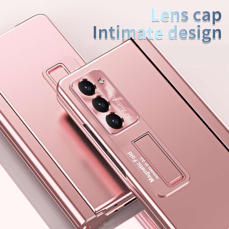 For Samsung Galaxy Z Fold5 Electroplating Corrugated Hinge Folding Phone Case with Pen Slot(Pink)