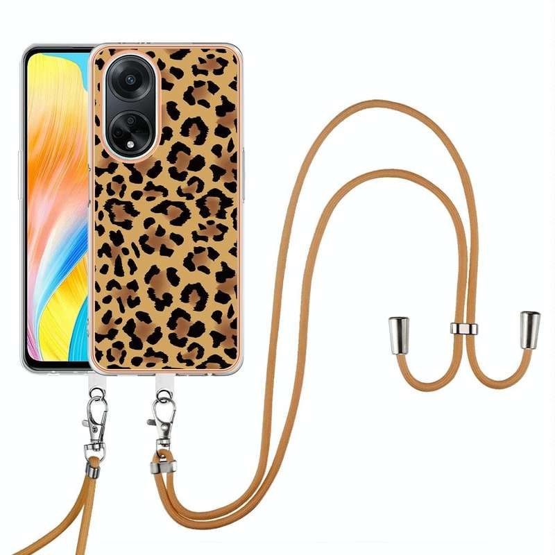 For OPPO A98 Electroplating Dual-side IMD Phone Case with Lanyard(Leopard Print)