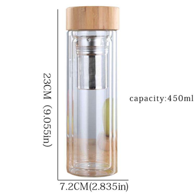 Glass Water Tea Bottles with Infuser Bamboo Lid Double Wall Brief Portable Outdoor Bottle 450ML