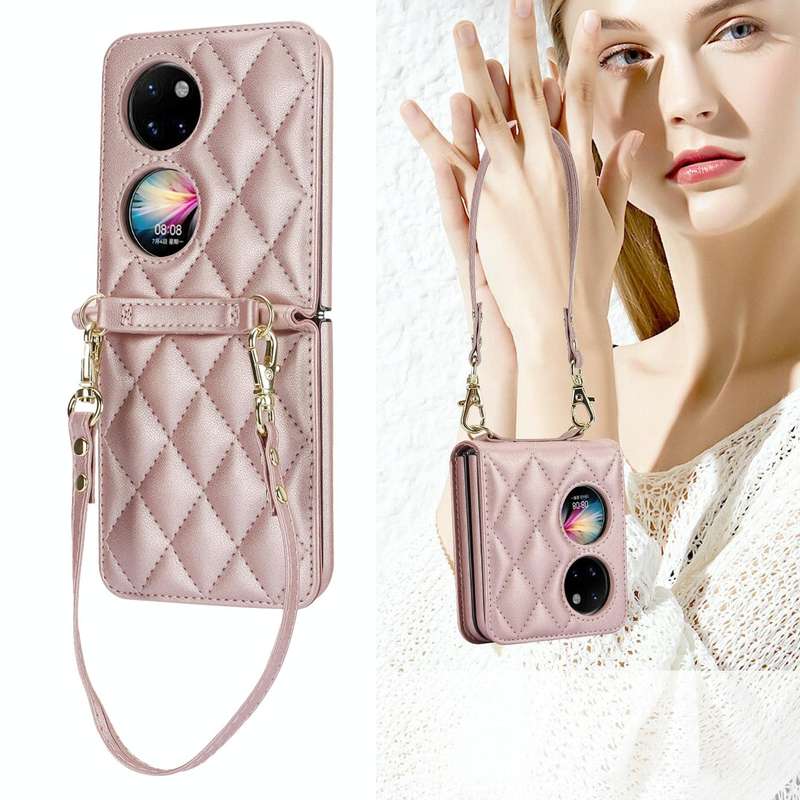 For Huawei P50 Pocket Rhombic Texture Card Bag Phone Case with Dual Lanyard(Rose Gold)