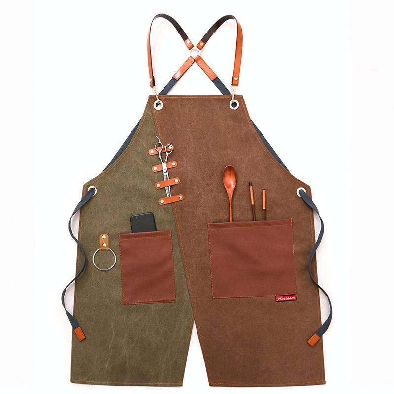 Denim Apron Barber Milk Tea Shop Waiter Overalls(Green-yellow Hook Strap)