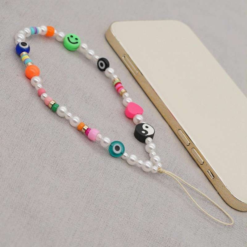 Imitation Pearl Mobile Phone Chain Smiley Beaded Soft Pottery Love Mobile Phone Chain(Qt-k210095c)