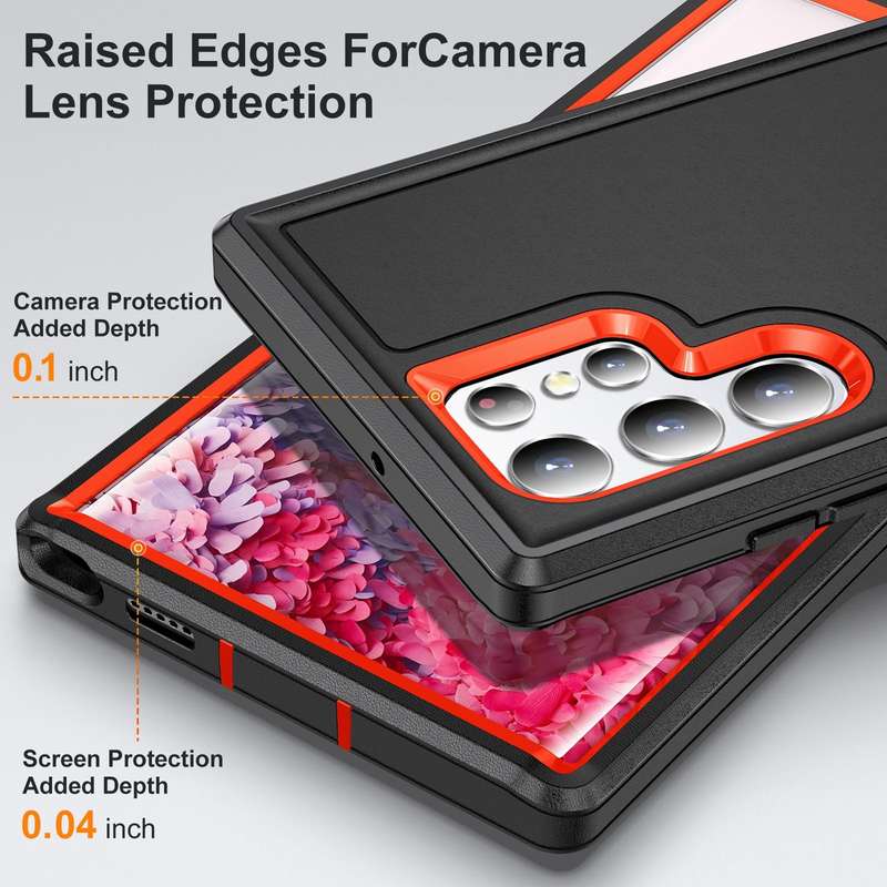 For Samsung Galaxy S22 Ultra 5G 3 in 1 Rugged Holder Phone Case(Black+Orange)