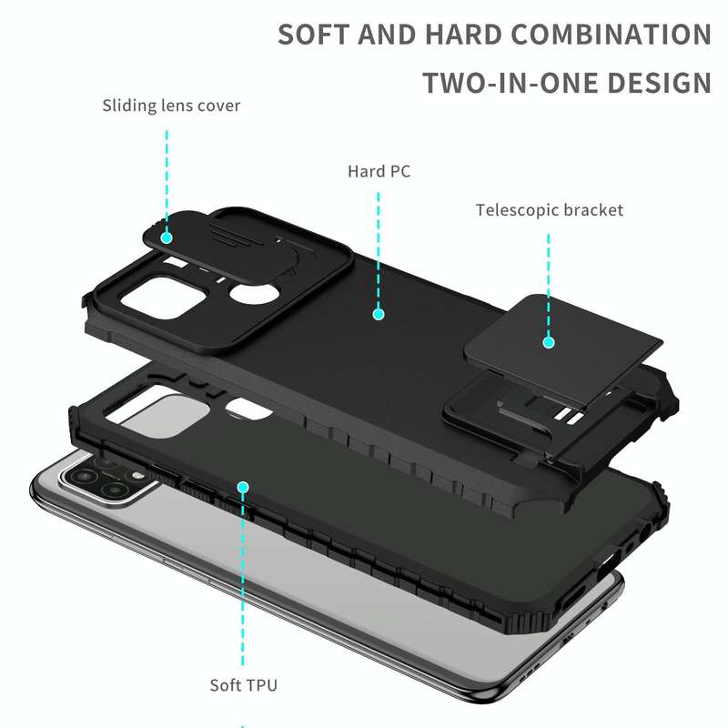 For OPPO A15 Stereoscopic Holder Sliding Camshield Phone Case(Black)