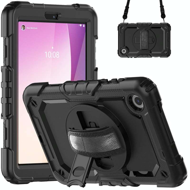 For Lenovo Tab M8 4th Gen Silicone Hybrid PC Tablet Case with Shoulder Strap(Black)