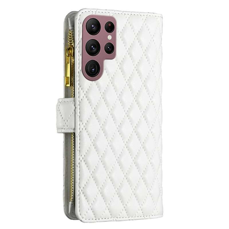 For Samsung Galaxy S22 Ultra 5G Diamond Lattice Zipper Wallet Leather Flip Phone Case(White)