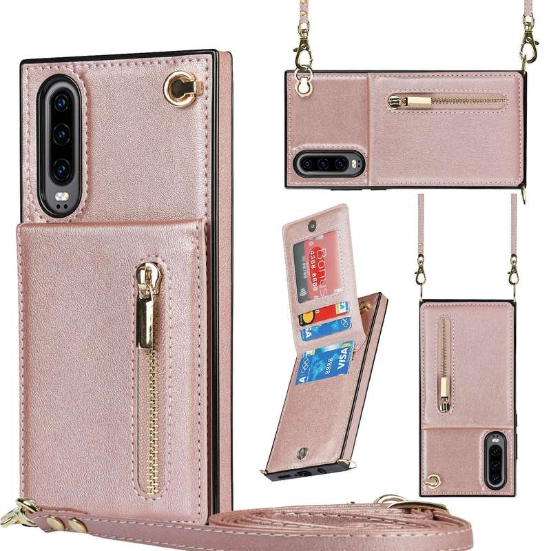For Huawei P30 Cross-body Zipper Square TPU+PU Back Cover Case with Holder & Card Slots & Wallet ...