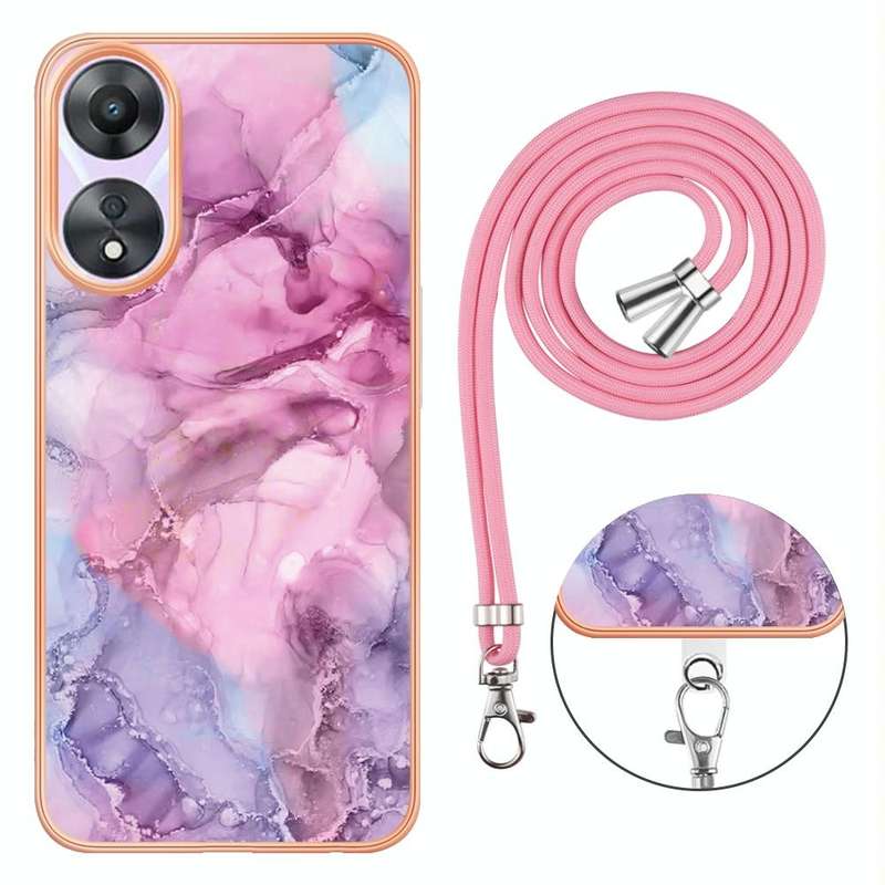 For OPPO A78 / A58 Electroplating Marble Dual-side IMD Phone Case with Lanyard(Pink 013)