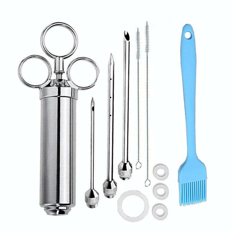 Stainless Steel Seasoning Steak Syringe Turkey Needle Set With Cleaning Silicone Brush(Blue)