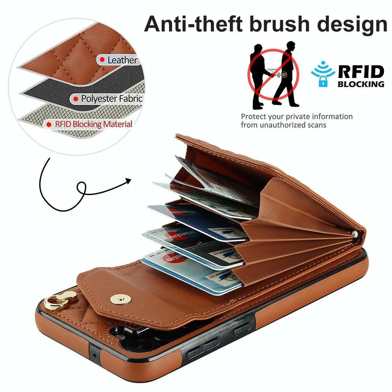 For Samsung Galaxy S23 5G Rhombic Texture Card Bag Phone Case with Long Lanyard(Brown)