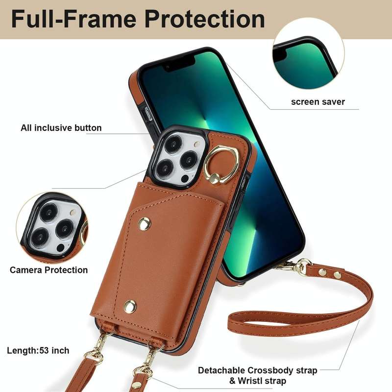 For iPhone 13 Pro Max Zipper Card Bag Phone Case with Dual Lanyard(Brown)