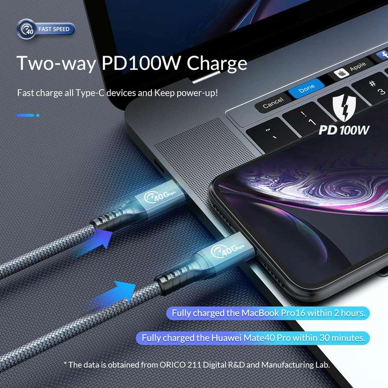 ORICO 40Gbps Thunderbolt 4 USB-C / Tpye-C Data Cable, Cable Length:30cm(Grey)
