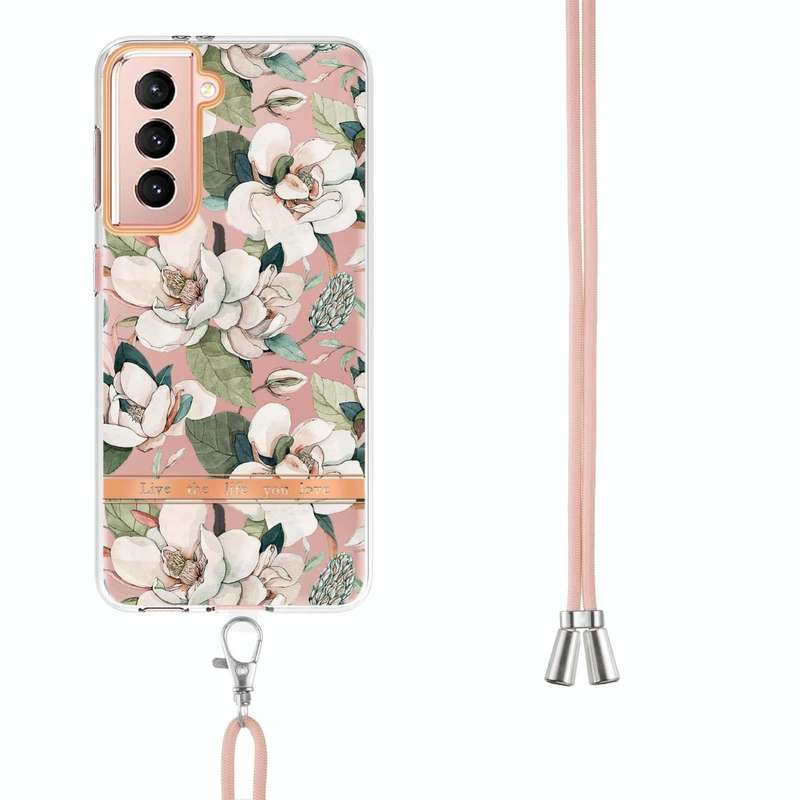 For Samsung Galaxy S21 5G Flowers Series TPU Phone Case with Lanyard(Green Gardenia)