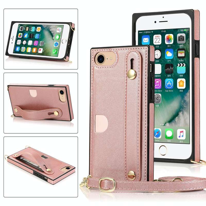 For iPhone 7 / 8 / SE 2020 Wrist Strap PU+TPU Shockproof Protective Case with Crossbody Lanyard &...