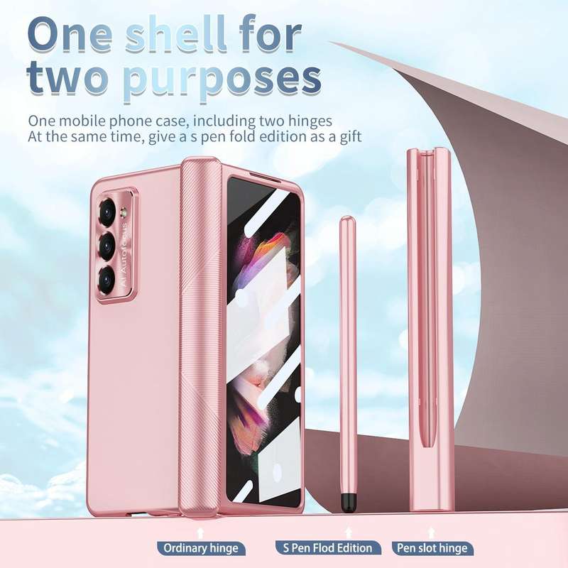 For Samsung Galaxy Z Fold5 Electroplating Hinged Folding Phone Case with S Pen Fold Edtion(Pink)