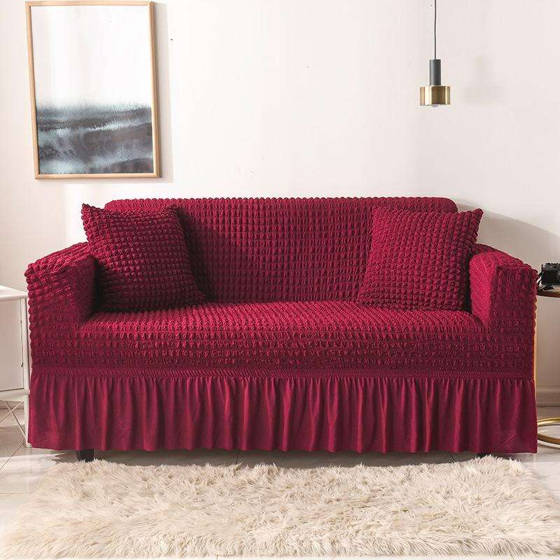 Living Room Stretch Full Coverage Skirt Style Sofa Cover, Size: Double M 145-185cm(One-color Wine...