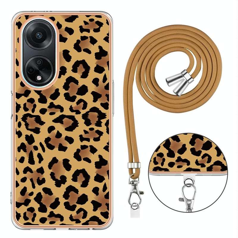 For OPPO A98 Electroplating Dual-side IMD Phone Case with Lanyard(Leopard Print)