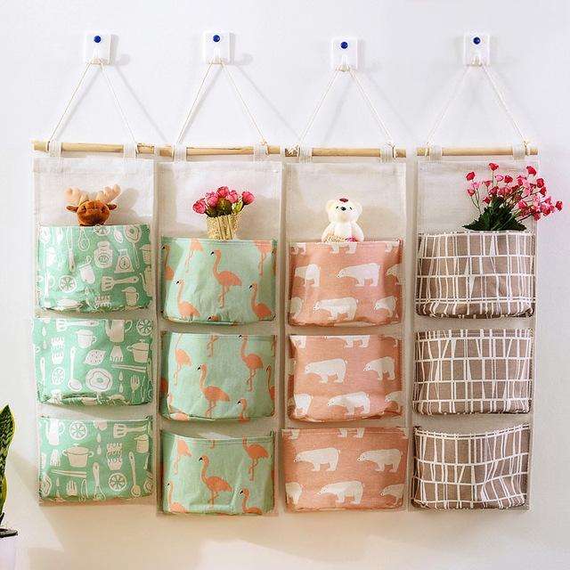 Cotton Linen Hanging Storage Bag 3 Pockets Wall Mounted Wardrobe Hang Bag Wall Pouch Cosmetic Toy...