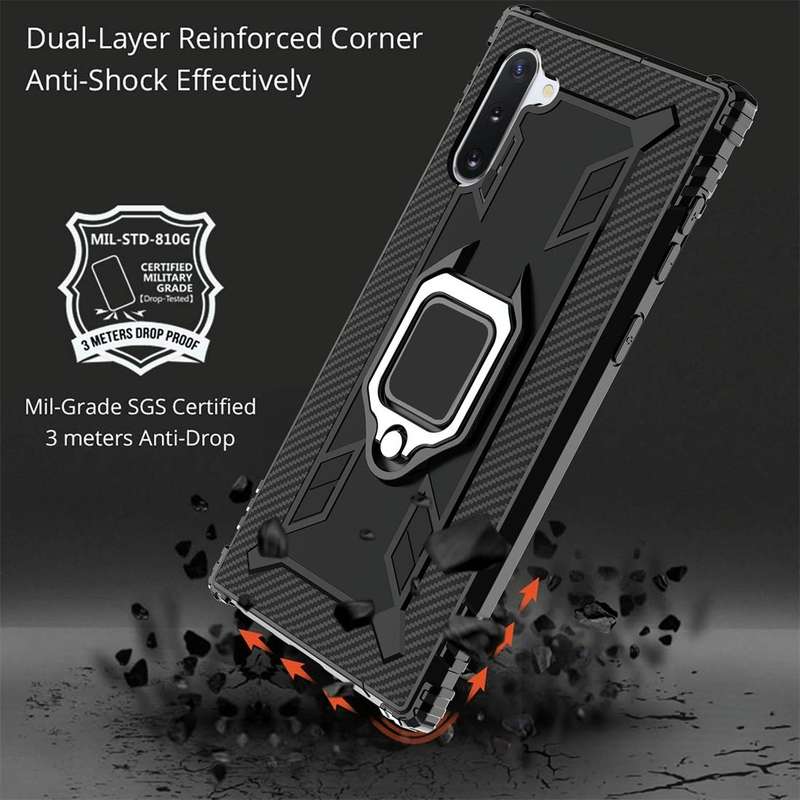 For Galaxy Note 10 Carbon Fiber Protective Case with 360 Degree Rotating Ring Holder(Black)