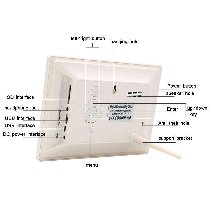 7-inch Digital Frame Calendar Day Clock Light Sensor Support Video and Picture Playback, EU Plug(...