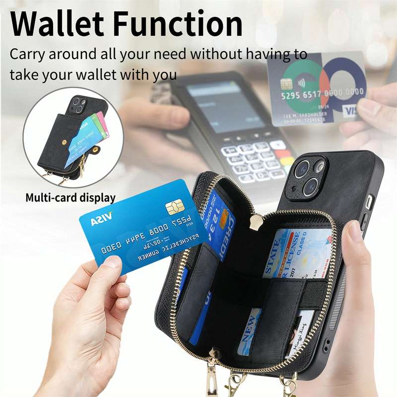 For iPhone 15 Crossbody Multi-function Zipper Wallet Phone Case(Black)
