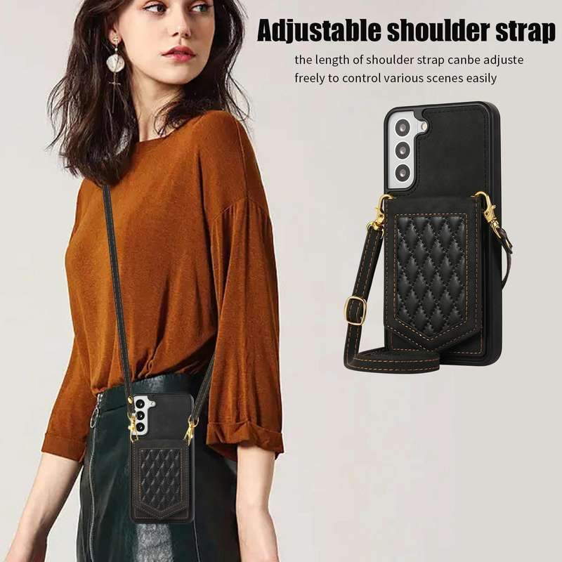 For Samsung Galaxy Note20 Ultra Rhombic Texture RFID Phone Case with Lanyard & Mirror(Black)