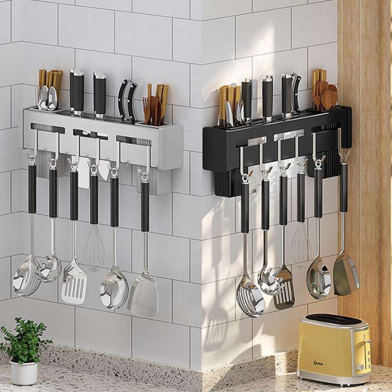 Kitchen Wall-mounted Rack Free Punching Chopsticks Holder, Color:Black 40cm