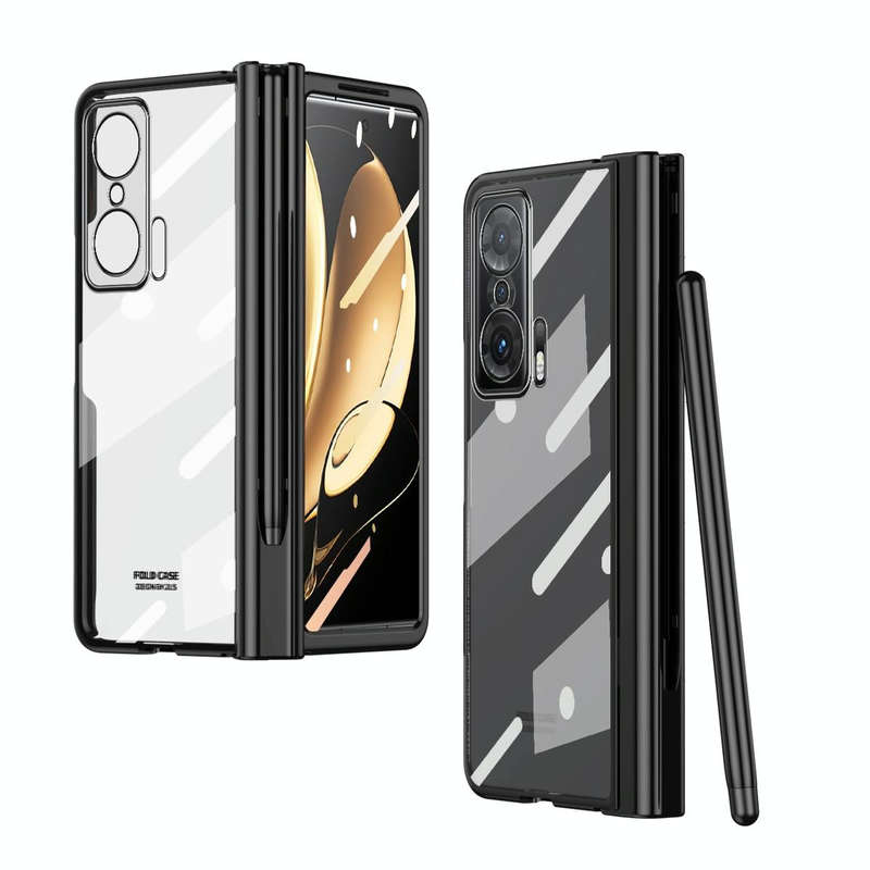 For Honor Magic V Full Body Electroplating Hinge Phone Case with Stylus(Black)
