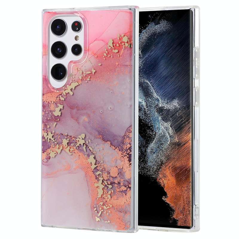 For Samsung Galaxy S22 Ultra 5G Coloured Glaze Marble Phone Case(Pink Grey)