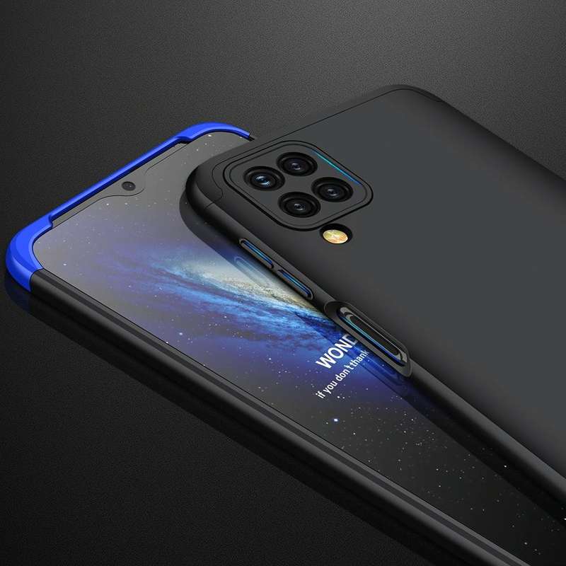 For Samsung Galaxy A12 GKK Three Stage Splicing Full Coverage PC Case(Black+Blue)
