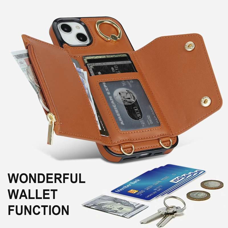 For iPhone 14 Zipper Card Bag Phone Case with Dual Lanyard(Brown)