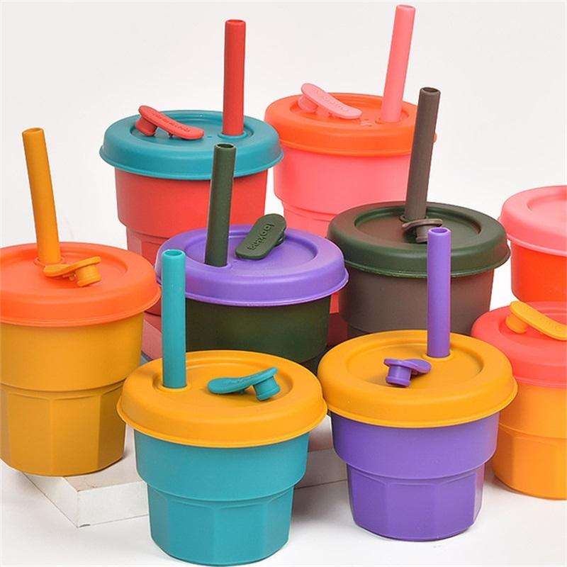 Children Silicone Straw Cups Drop And High Temperature Resistant Water Cups Brown Cup+Ink Green C...