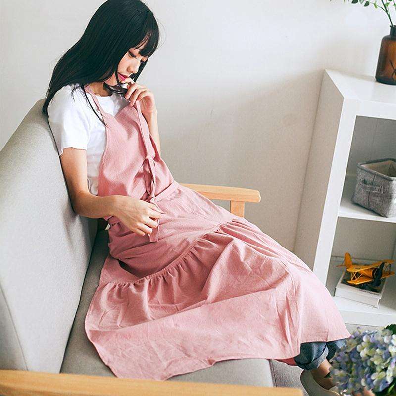 Cotton Linen Fishtail Long Slim Fit Apron Florist Manicure Shop Overalls(Pink)