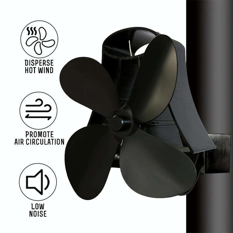 YL-105 4-Blade Aluminum Heat Powered Fireplace Stove Fan(Black)