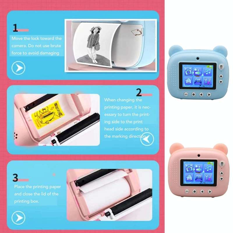Children Instant Print Camera 1080P 2.4-Inch IPS Screen Dual Lens Photography Camera(Pink)
