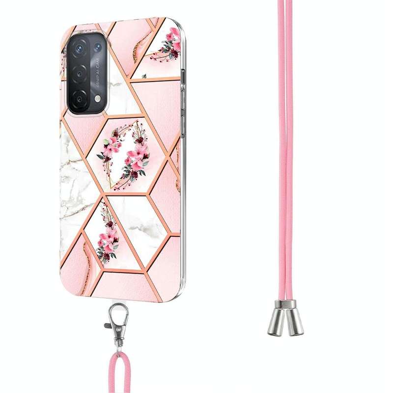 For OPPO A74 5G / A93 5G / A54 5G / A93s 5G Splicing Marble Flower Pattern TPU Phone Case with La...