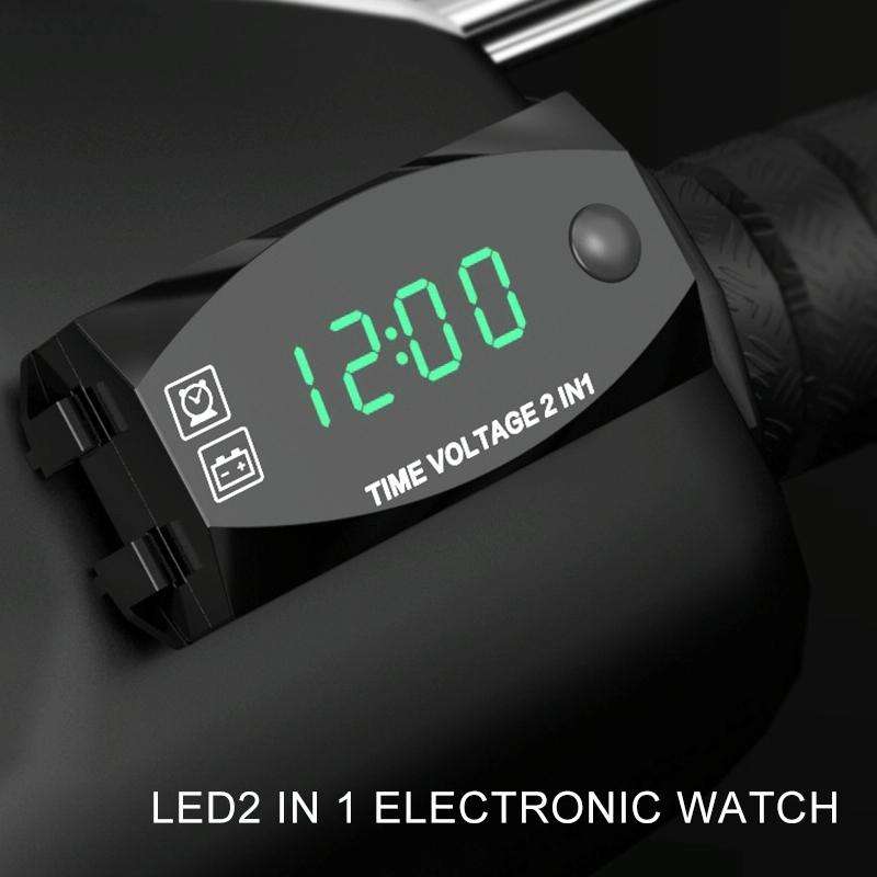 Motorcycle Multi-functional 2 in 1 Digital Display Voltmeter + Electronic Clock, 6-30V IP67 (Gree...