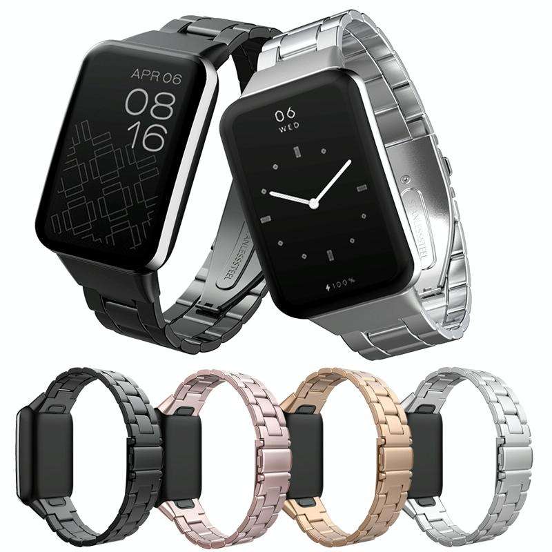 For Xiaomi Mi Band 7 Pro Three-bead Flat Buckle Stainless Steel Watch Band(Black)