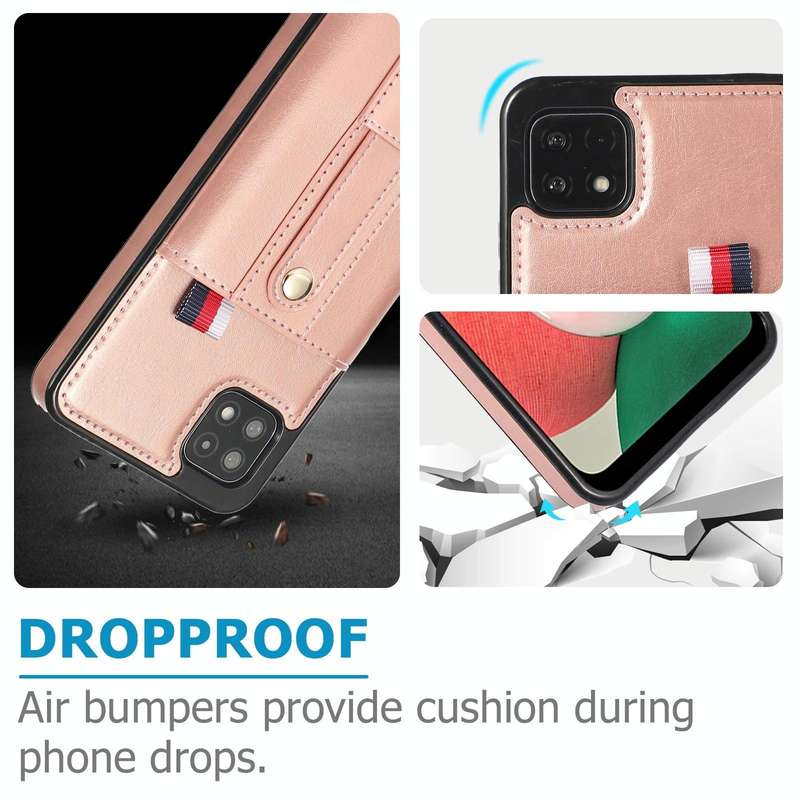 For Samsung Galaxy A22 5G Wristband Kickstand Wallet Leather Phone Case(Rose Gold)