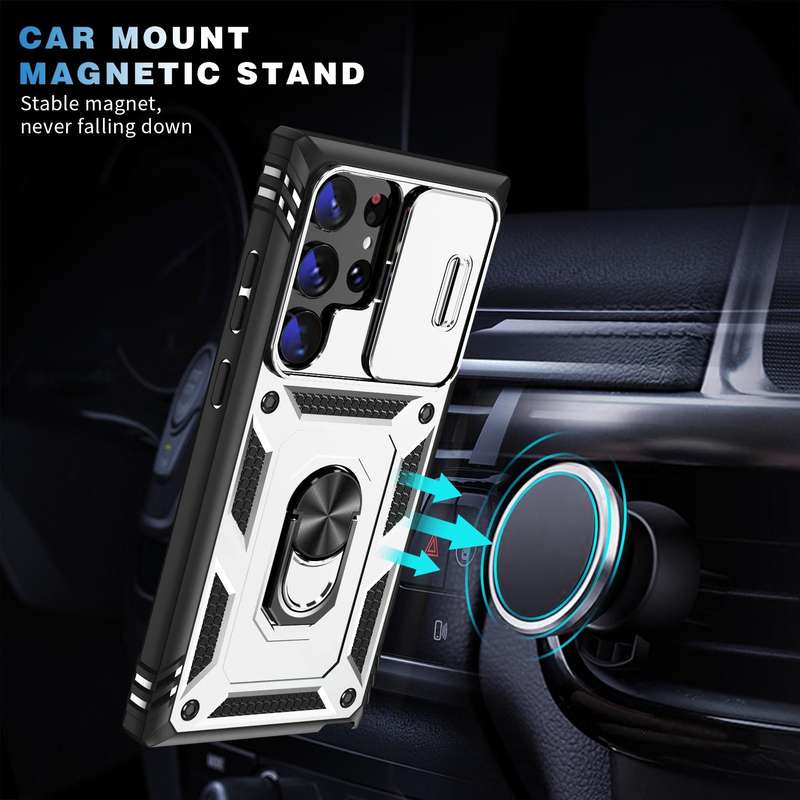 For Samsung Galaxy S24 Ultra 5G Sliding Camshield TPU + PC Phone Case with Holder(White+Black)