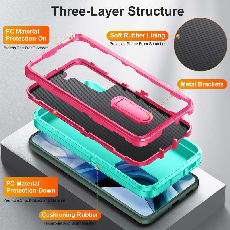For Samsung Galaxy S22 5G 3 in 1 Rugged Holder Phone Case(Blue+Pink)