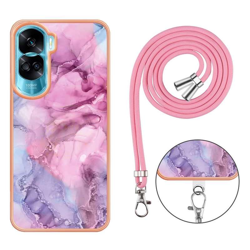 For Honor 90 Lite 5G Electroplating Marble Dual-side IMD Phone Case with Lanyard(Pink 013)