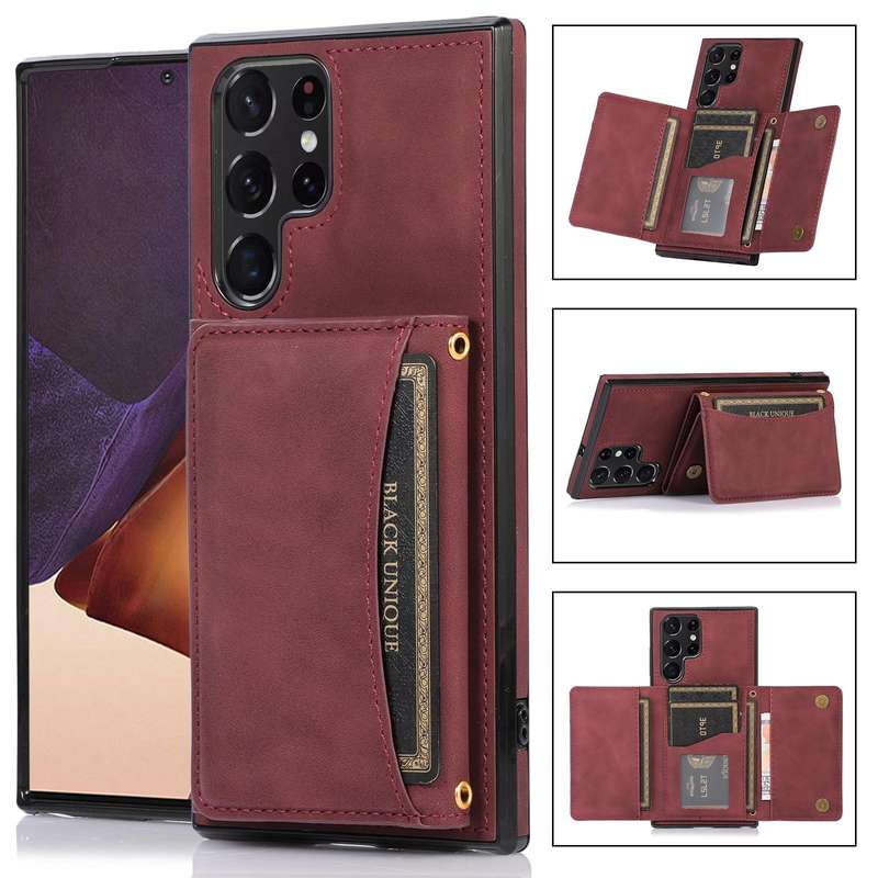 For Samsung Galaxy S22 Ultra Three-fold Leather Phone Case with Card Slot & Wallet & Holder(Wine ...