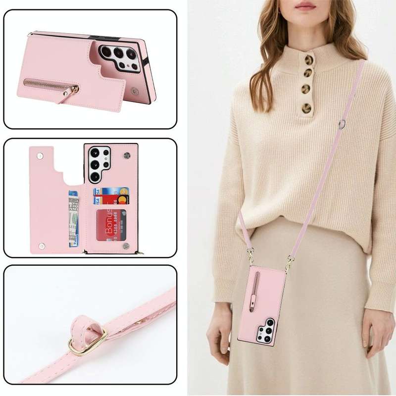 For Samsung Galaxy S23 Ultra 5G Cross-body Zipper Square Phone Case(Pink)
