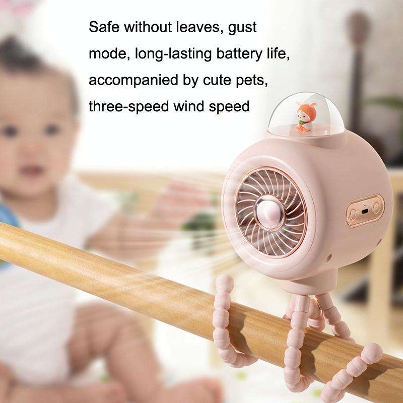 Baby Stroller Fan Home Mute Outdoor Cooling Portable Rabbit Octopus Fan Without Shake Head (Pink)