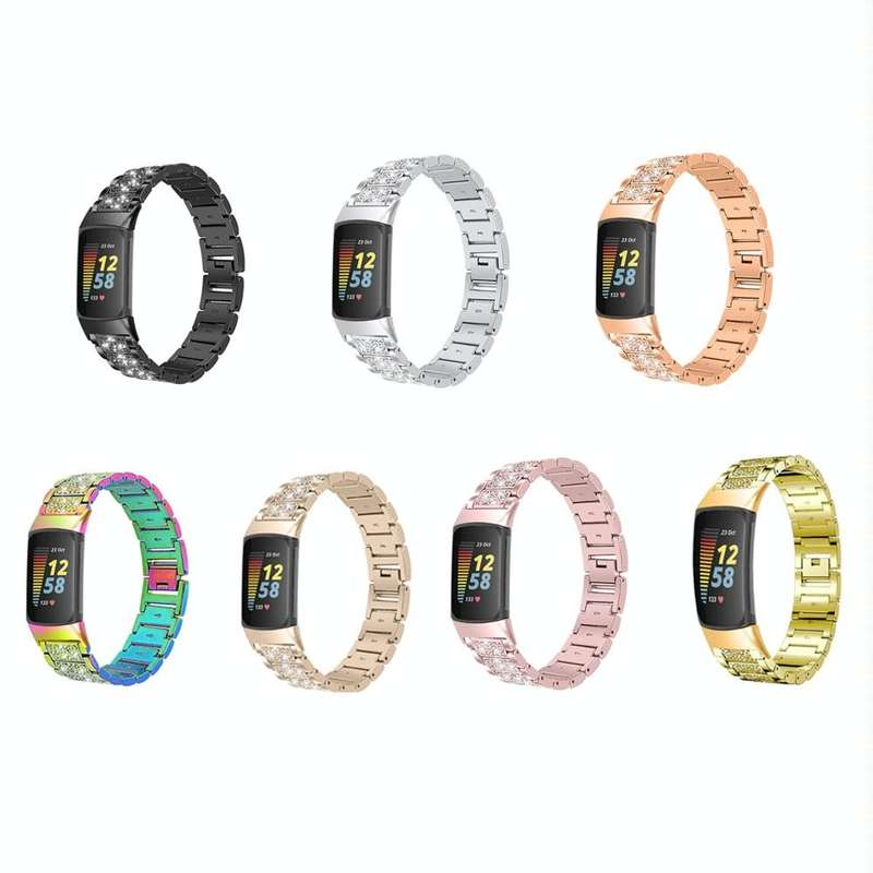 For Fitbit Charge 5 Diamond Stainless Steel Watch Band(Colorful)