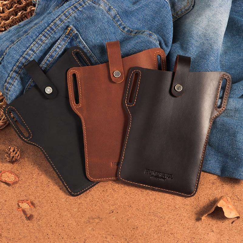 HUMERPAUL Men Leather Retro Belt Mobile Phone Bag(Khaki)